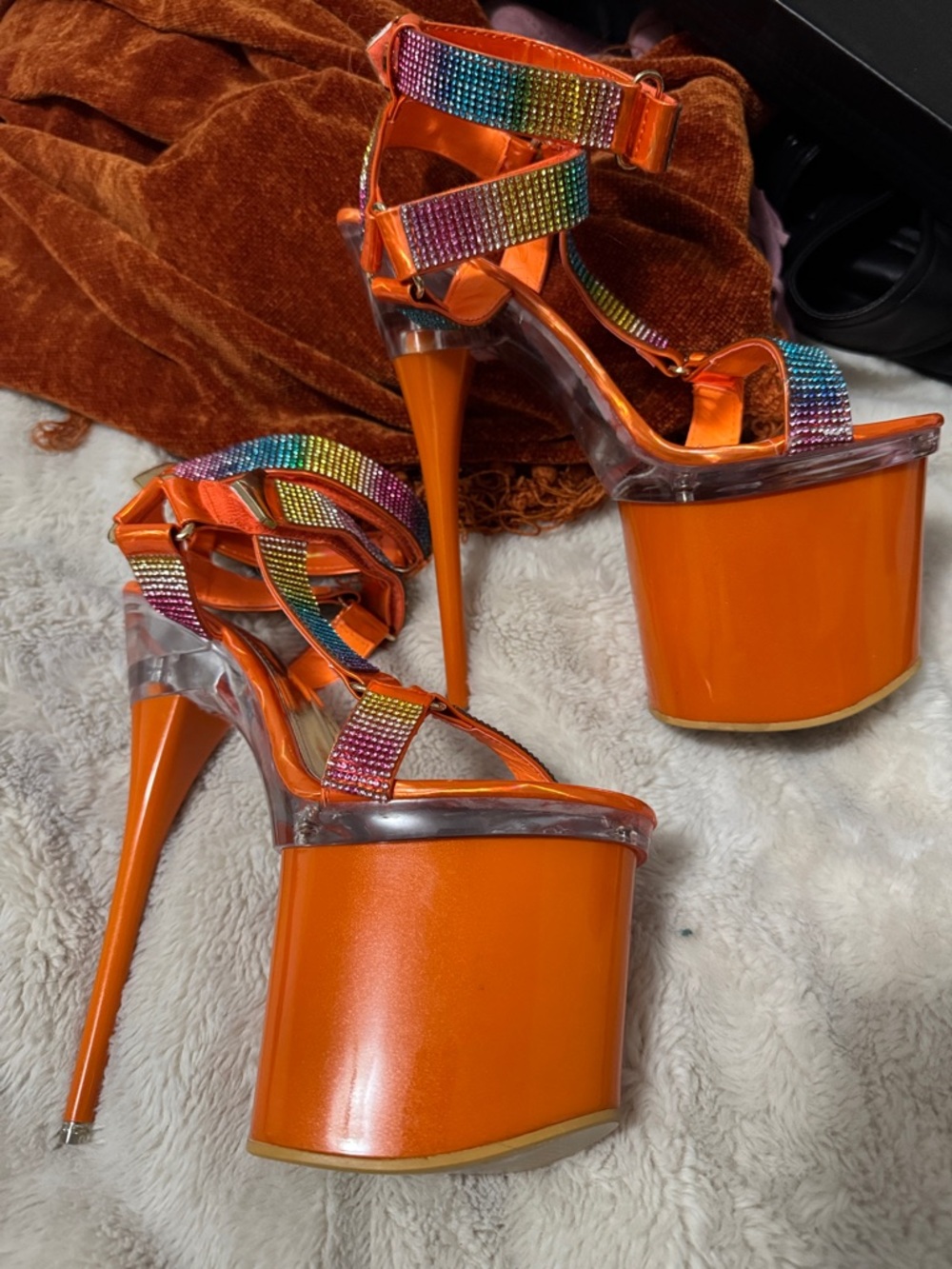 Golden Bulls | Sexy Rhinestone Orange & Rainbow Platform Stiletto Heels | 8 NIB - Picture 5 of 12